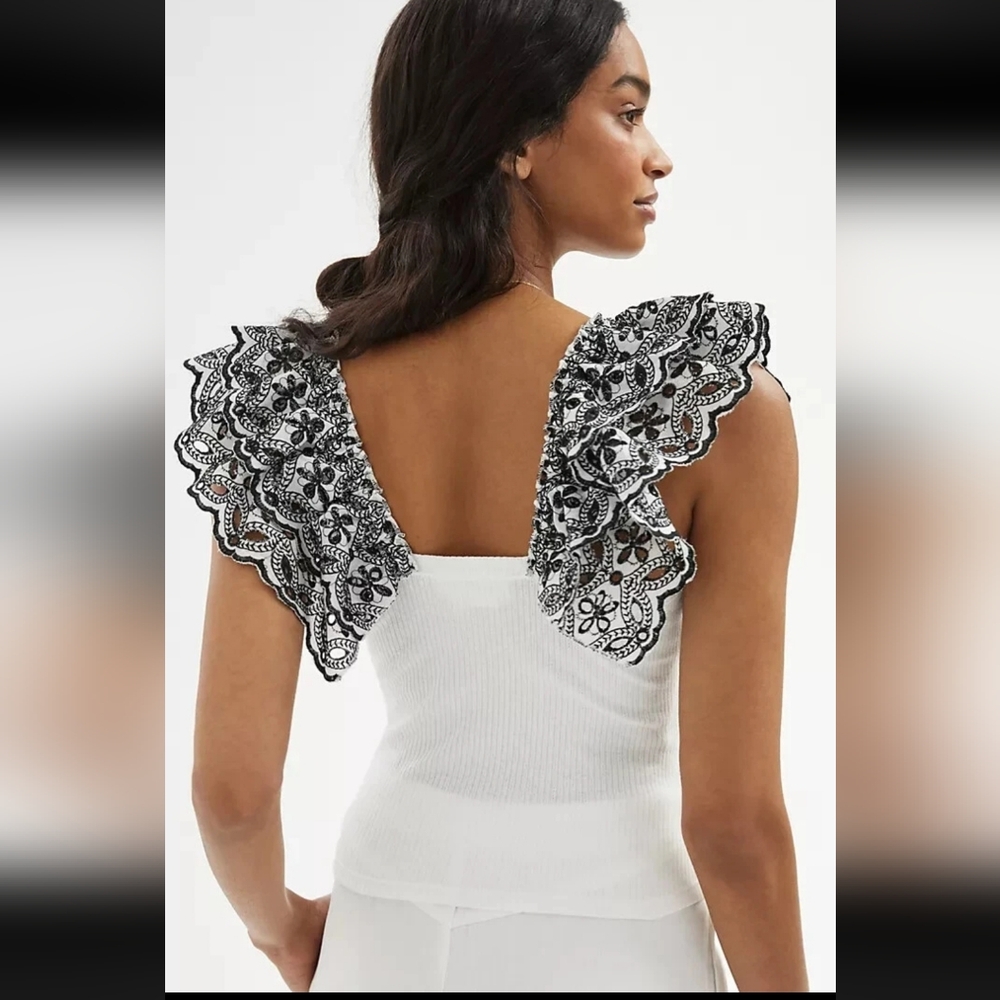 New Anthropologie Ruffle Sleeve Eyelet White Top‎